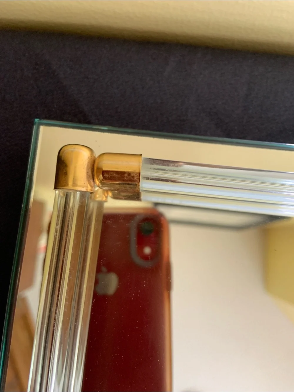 Mid Century Mirrored Glass Vanity Tray with Gold-Tone Accents and Glass Rods
